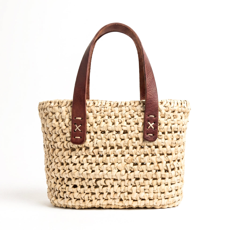 Handmade Raffia Tote Bag with Leather Handles