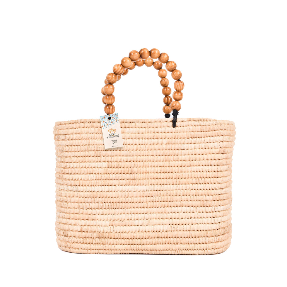 Straw Basket Bag – Wooden Bead Handle Moroccan Tote