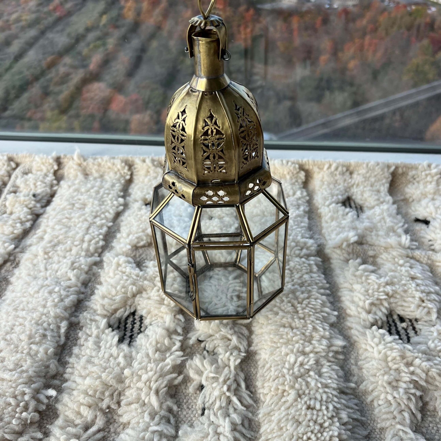 Standing Moroccan Brass Lantern Ideal for Outdoor Areas Featuring Clear Glass Design