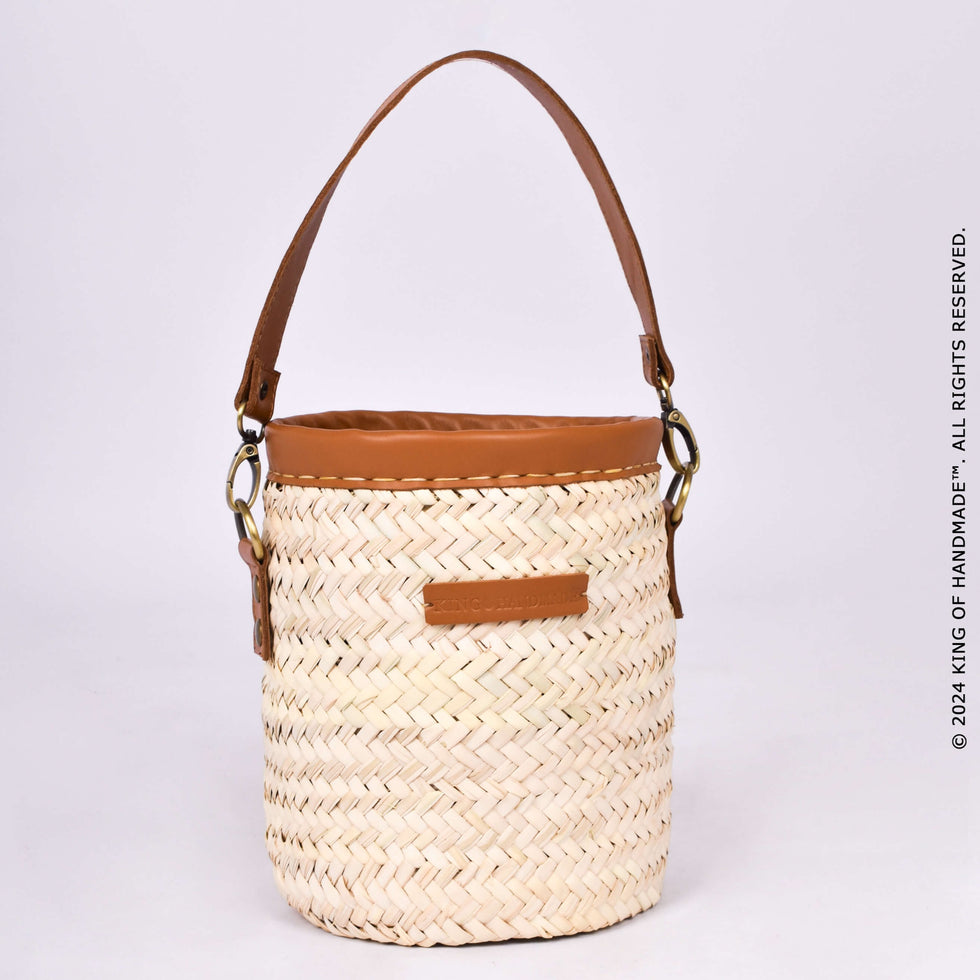 Straw Bucket Bag – Moroccan Basket, Tan Leather Handle