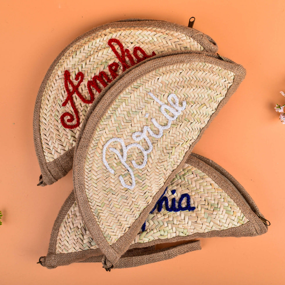 Personalized Half-Moon Straw Clutch – Embroidered Pouch