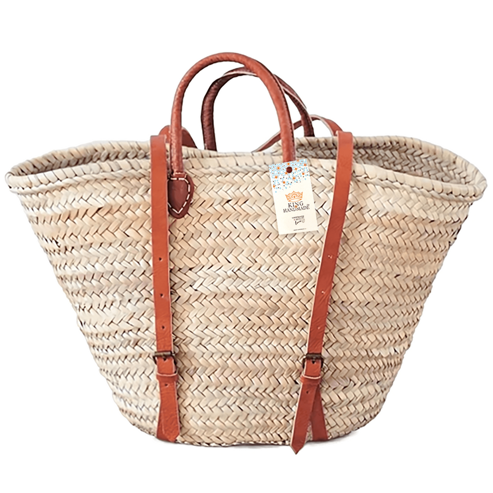 Straw Basket Backpack – Moroccan Market Bag, Leather Straps