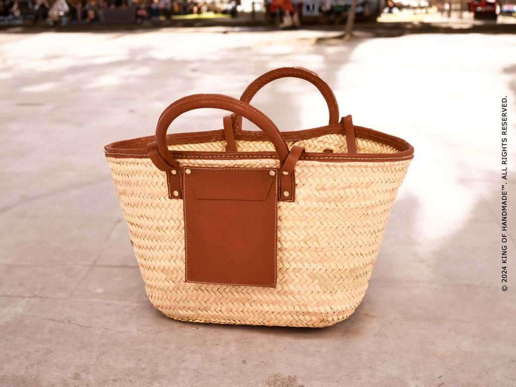 Handcrafted Moroccan straw basket showcasing intricate weaving patterns