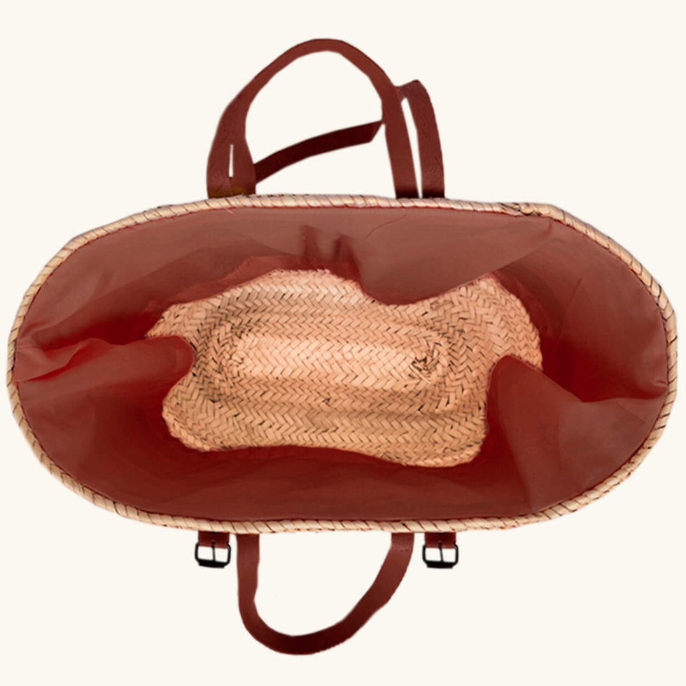 Straw Basket Backpack – Moroccan Market Bag, Leather Straps