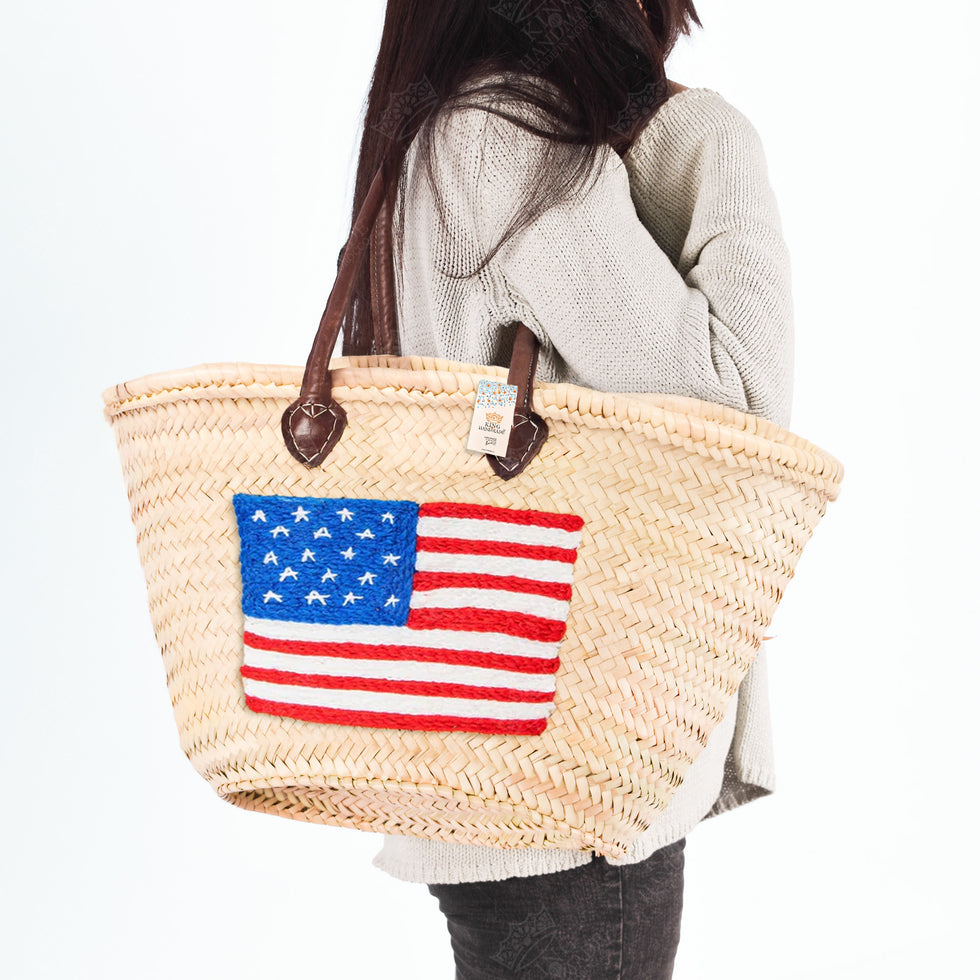  Woven Straw basket tote 4th of July Beach Bag with Brown Leather Handles 