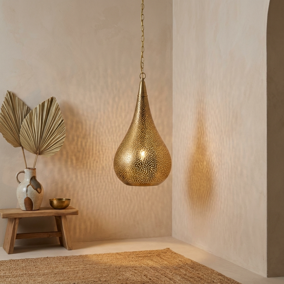 Handmade Moroccan Pendant Light – Brass Teardrop Openwork