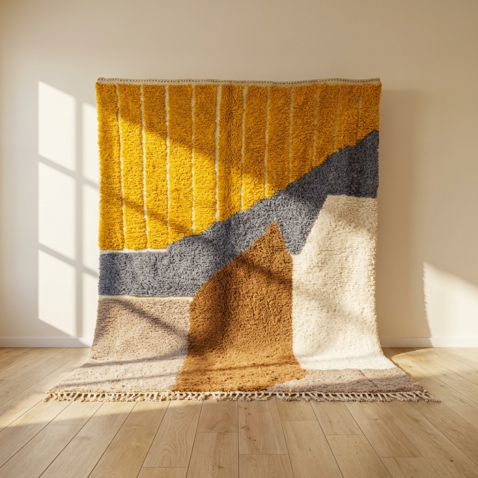 Beni Ourain Rug – Yellow High-Pile Abstract Wool Area Rug