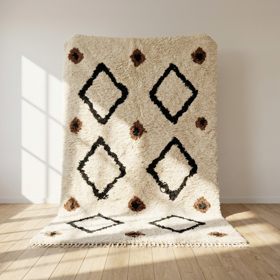 Beni Ourain Rug – Ivory Shaggy Diamond Wool Area Rug