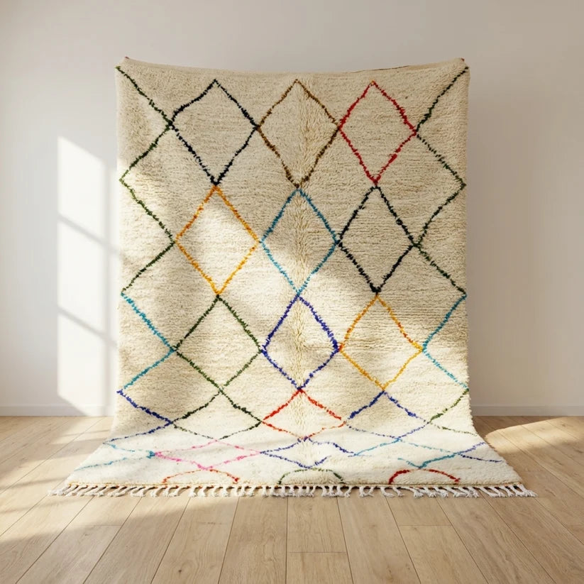 Beni Ourain Rug – Ivory High-Pile Diamond Wool Area Rug