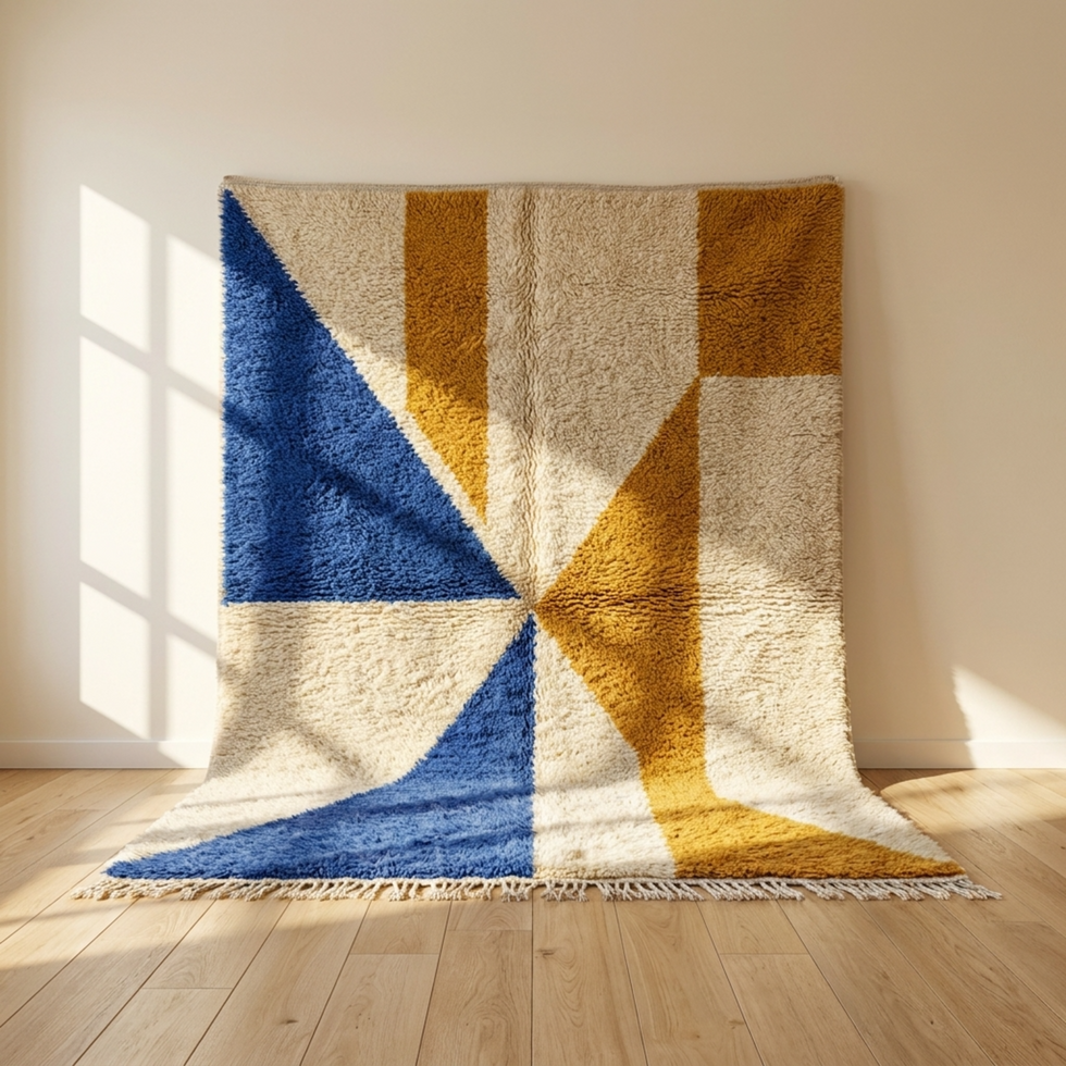 Azilal Rug – Blue & Mustard Shaggy Abstract Wool Rug