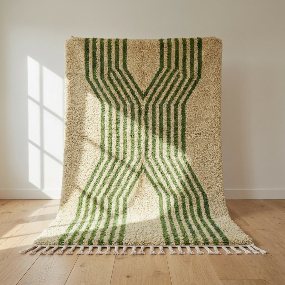 Beni Ourain Rug – Green Plush Striped Wool Rug