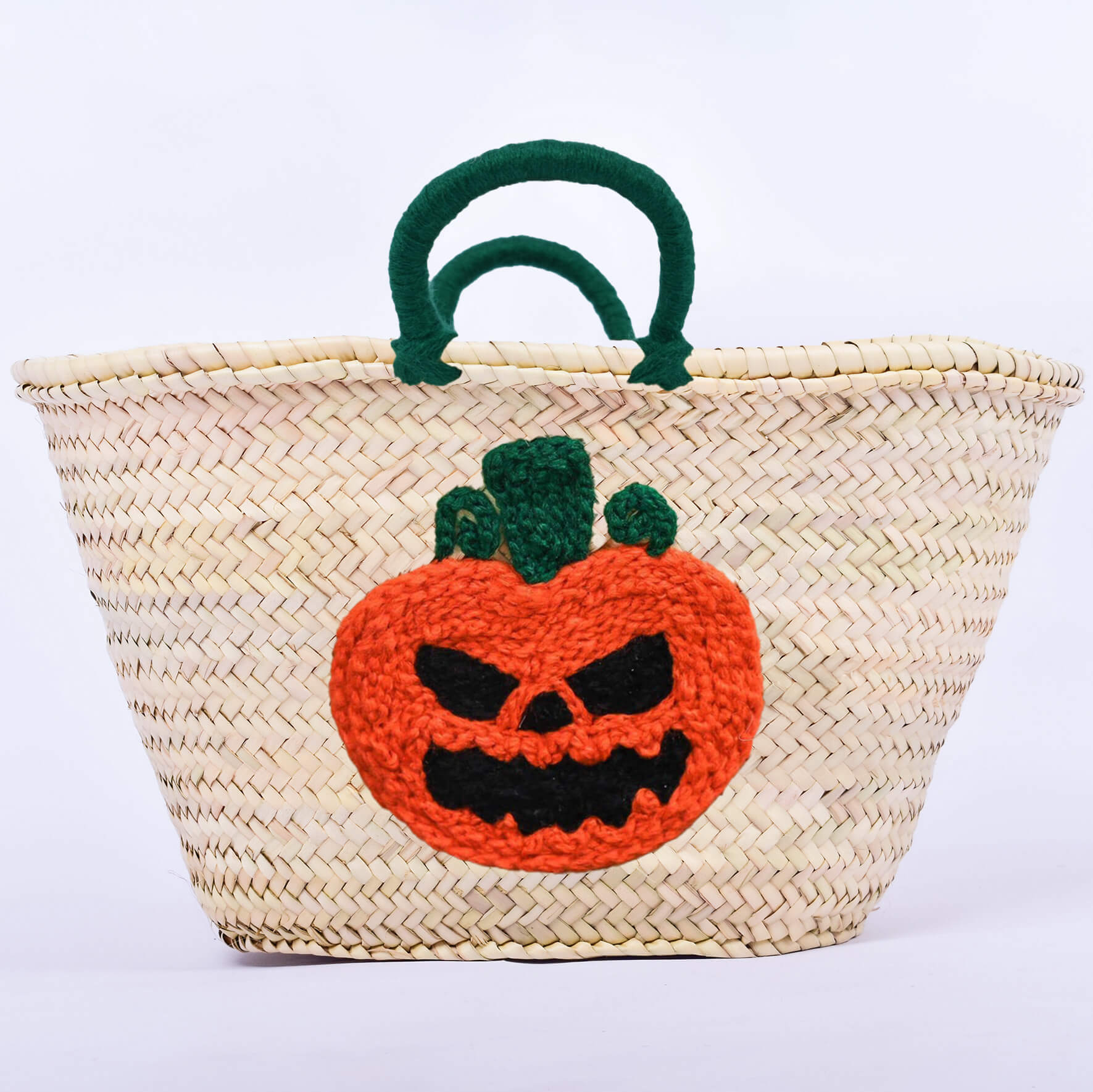 Personalized straw basket with your child's name for Halloween.