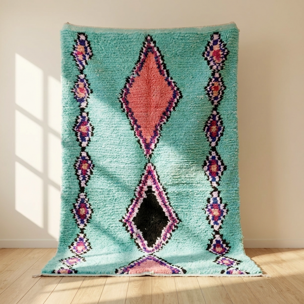 Boujaad Rug – Turquoise Shaggy Diamond Wool Area Rug