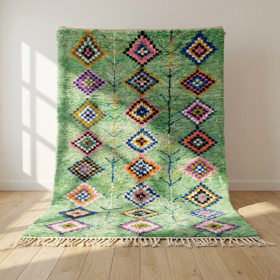 Azilal Rug – Green Shaggy Diamond Wool Area Rug
