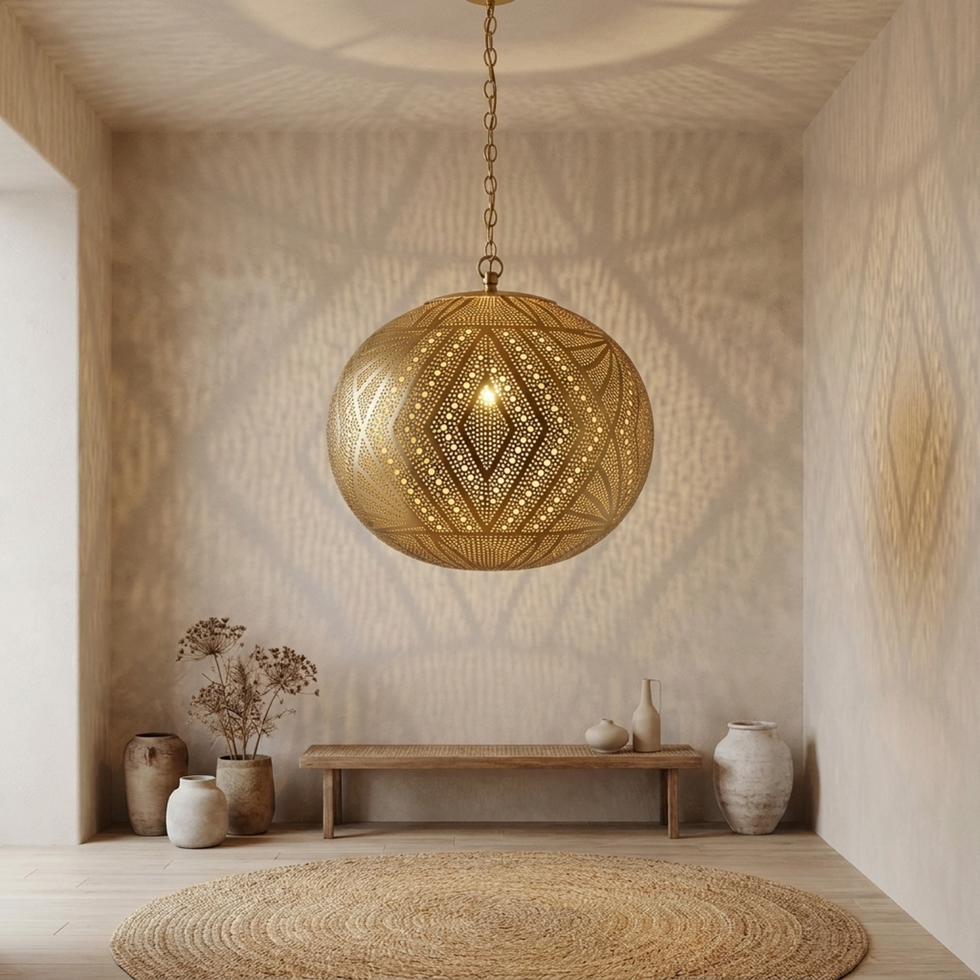 Moroccan Pendant Light – Brass Filigree Openwork Living Room
