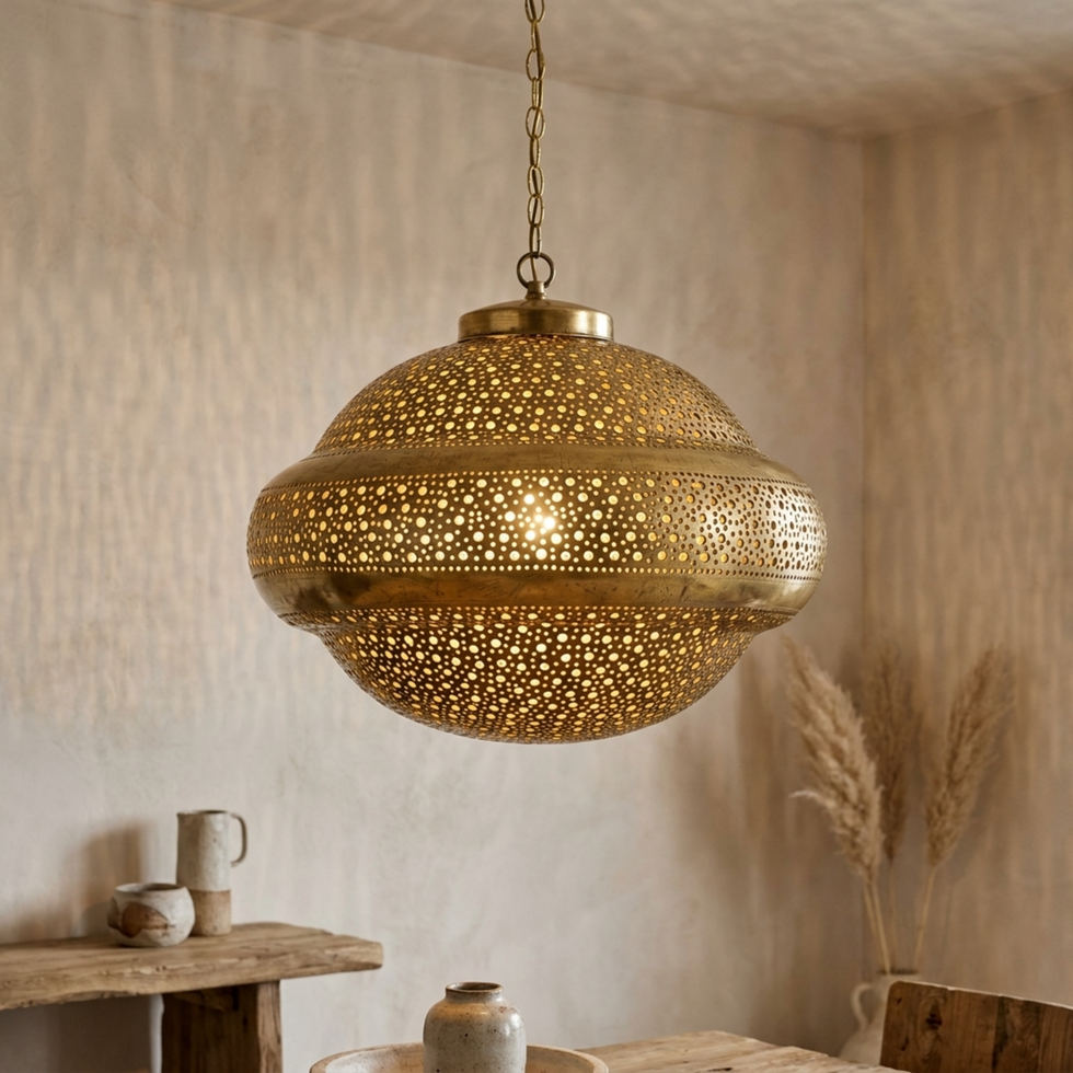 Moroccan Pendant Light – Brass Filigree Bedroom