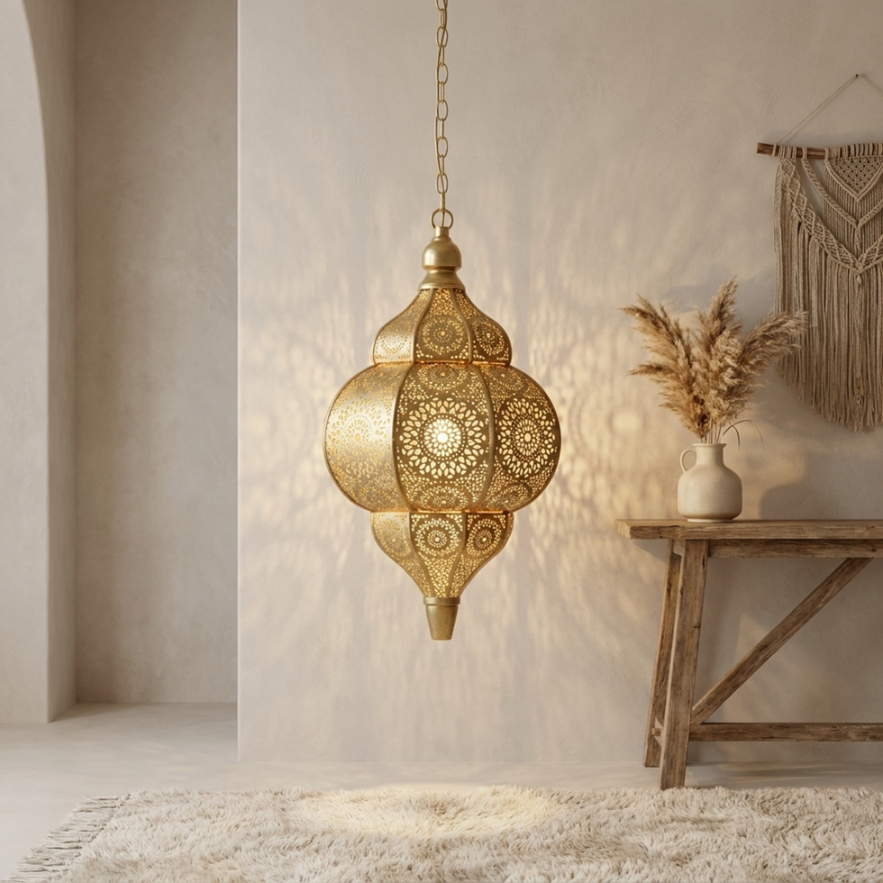 Brass Decorative gold pendant light hanging in a room.