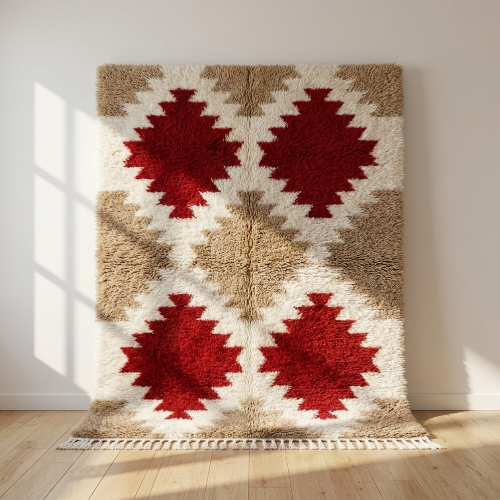 Moroccan Kilim Rug – Red & Beige Flatweave Diamond Wool Rug
