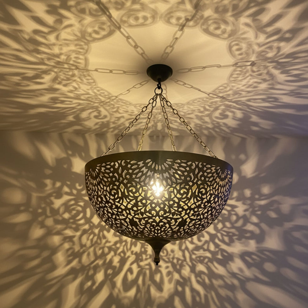 Moroccan Pendant Light – Brass Filigree Shadow-Casting
