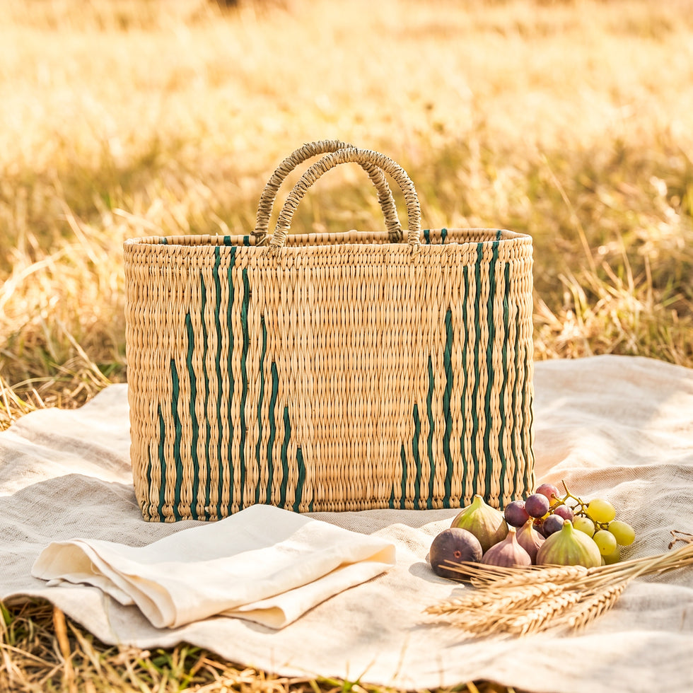 Green Stripe Reed Basket Bag – Moroccan Woven Tote
