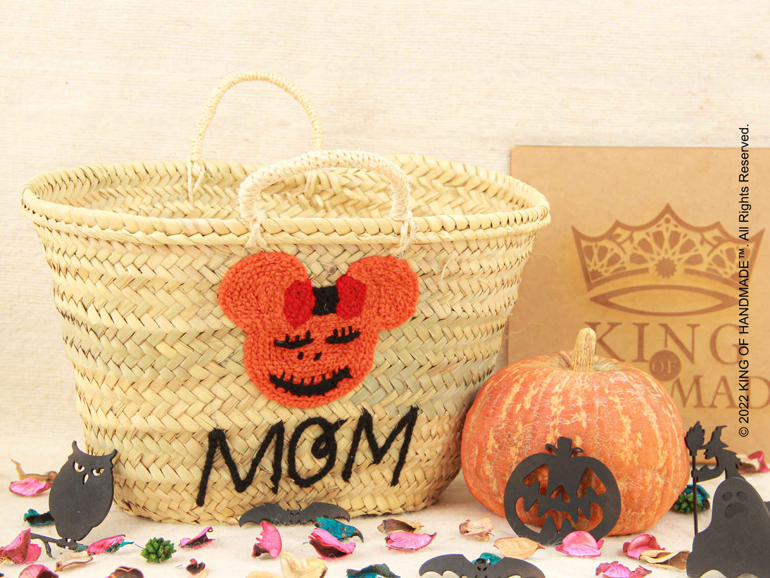 Assorted pumpkin baskets in various sizes and designs for Halloween decor