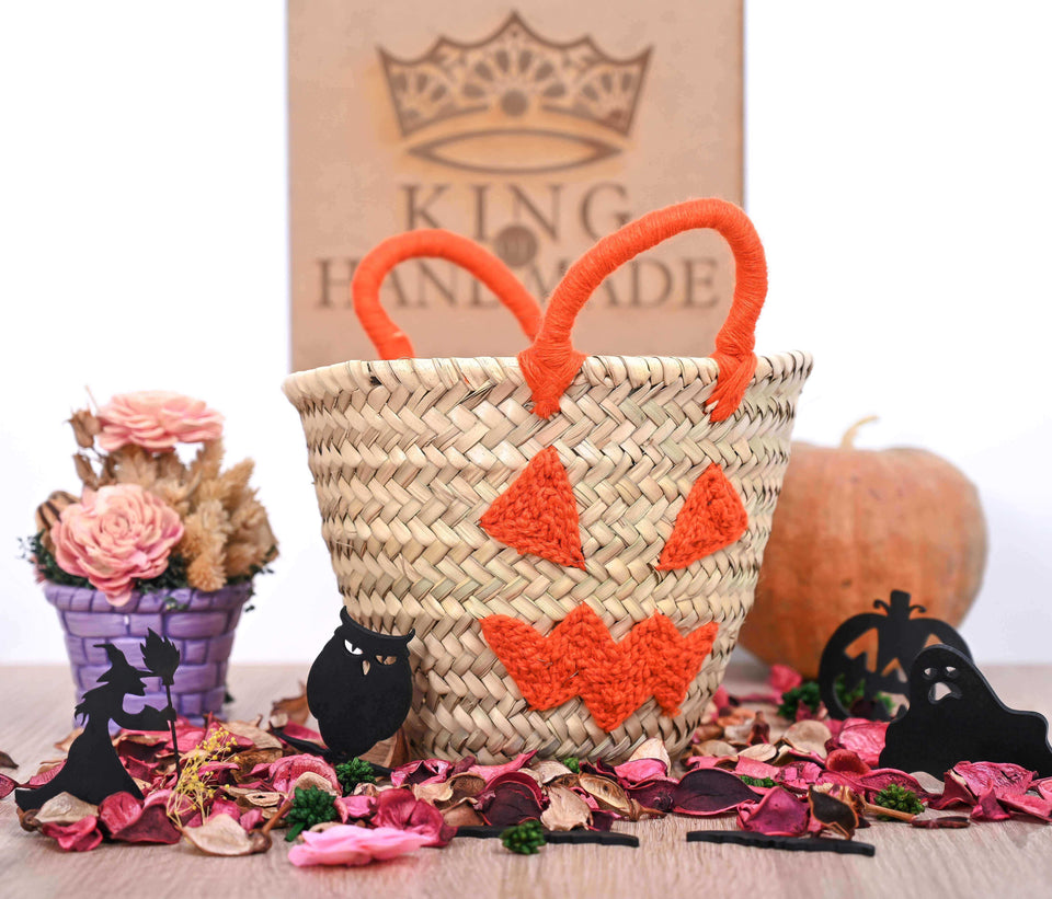 Assorted handmade Halloween pumpkin baskets in various sizes and designs