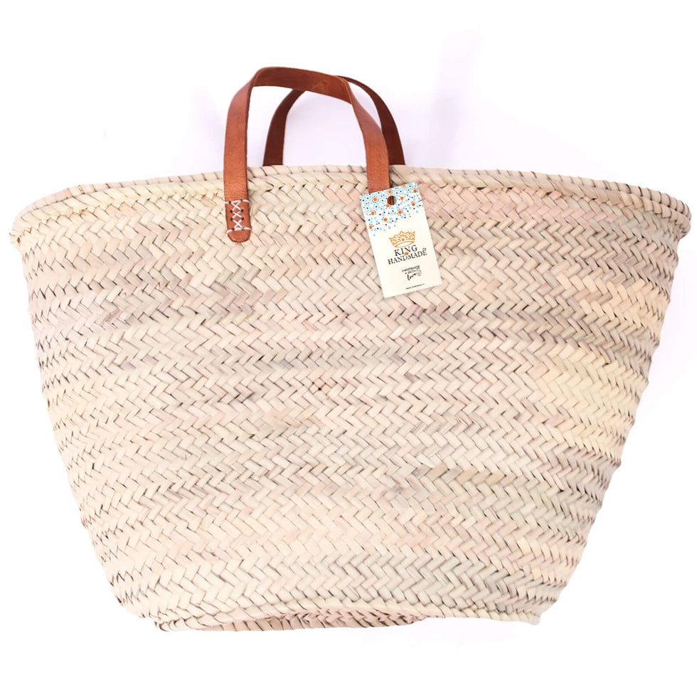 Straw Basket Bag – Natural Moroccan Tote, Leather Handles