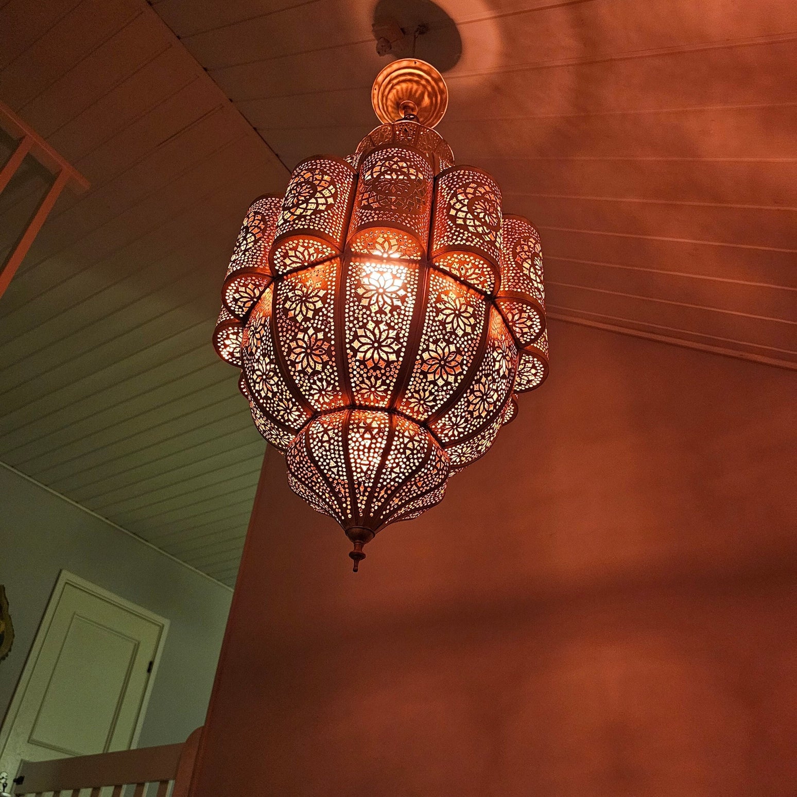 Intricate Moroccan brass chandelier with detailed hand-pierced patterns