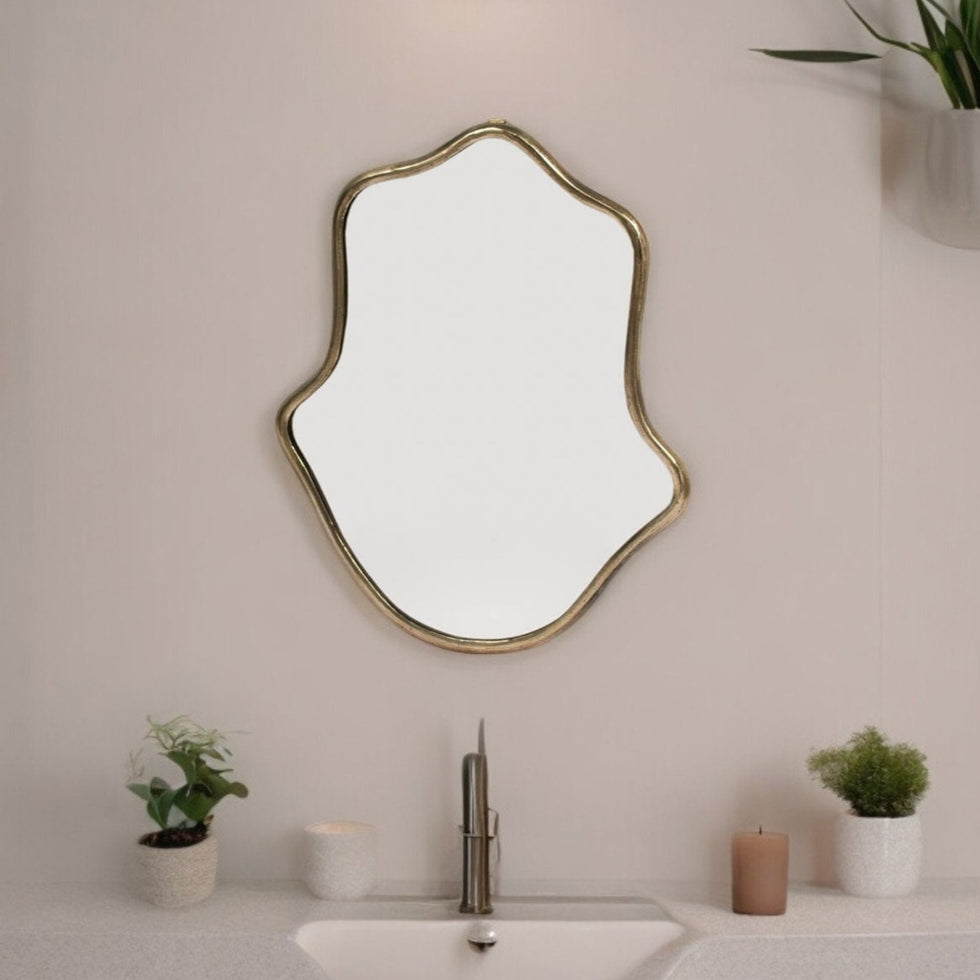 Asymmetrical Brass Wall Mirror – Moroccan Handmade Gold Decor