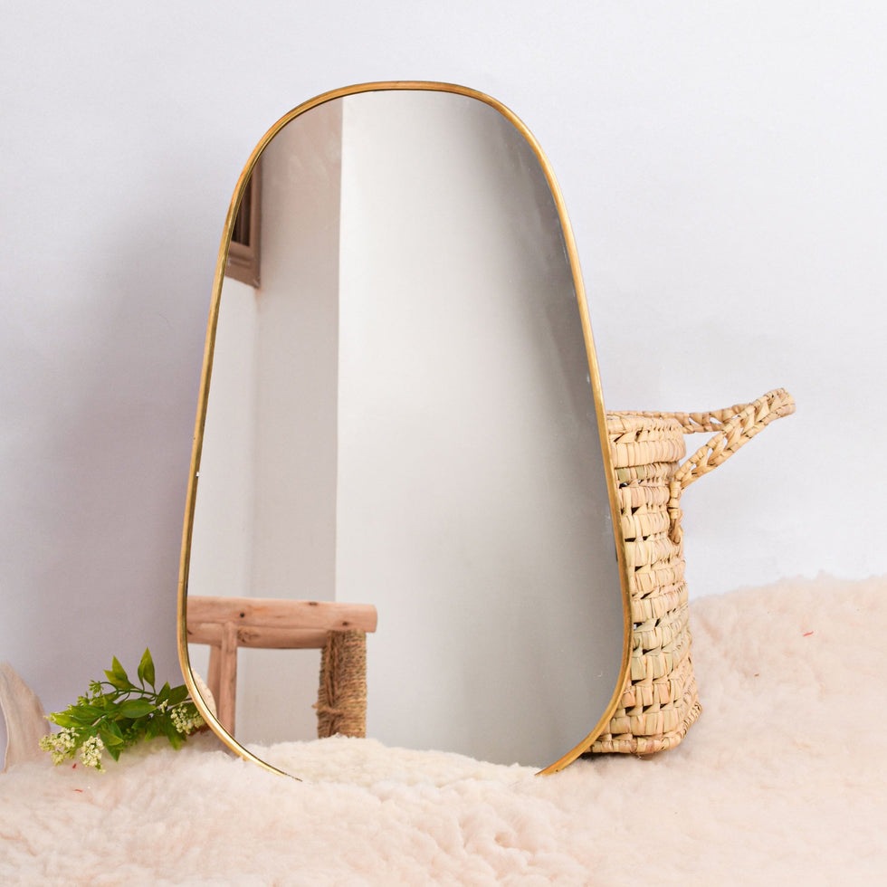 Handmade Asymmetrical Brass Mirror – Moroccan Gold Wall Art