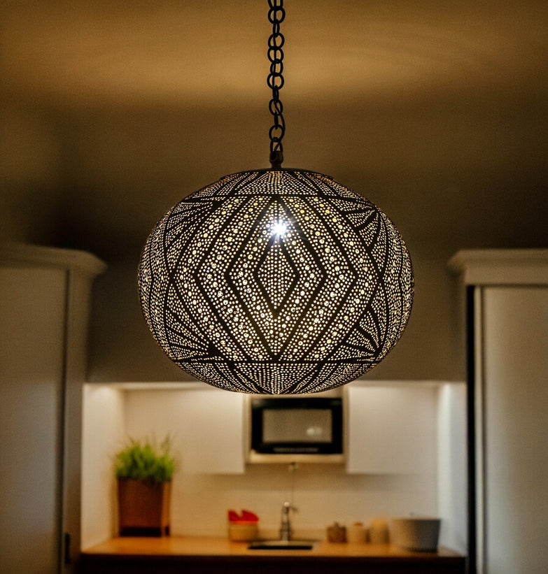 Intricately Handcrafted Moroccan Brass Chandelier Illuminated