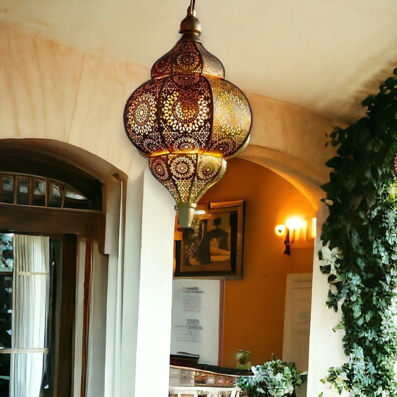 Moroccan lamp casting intricate shadow patterns on a wall