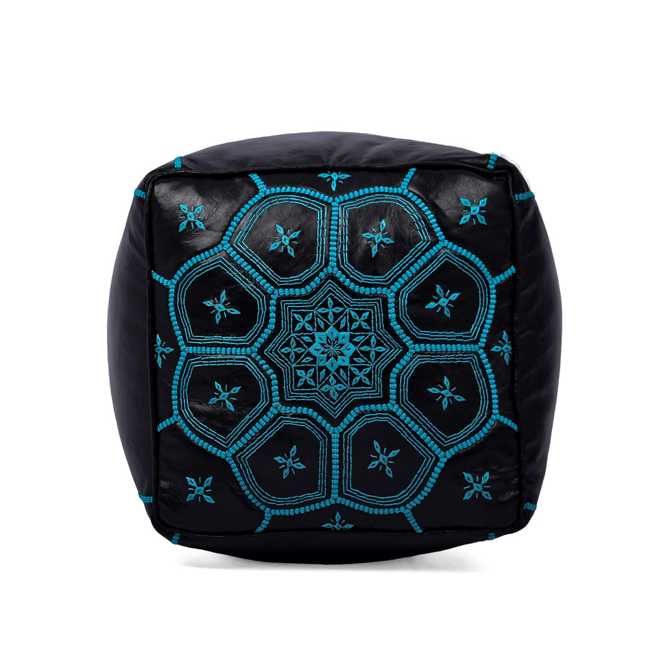 Square Leather Pouf Ottoman – Black Moroccan Footstool