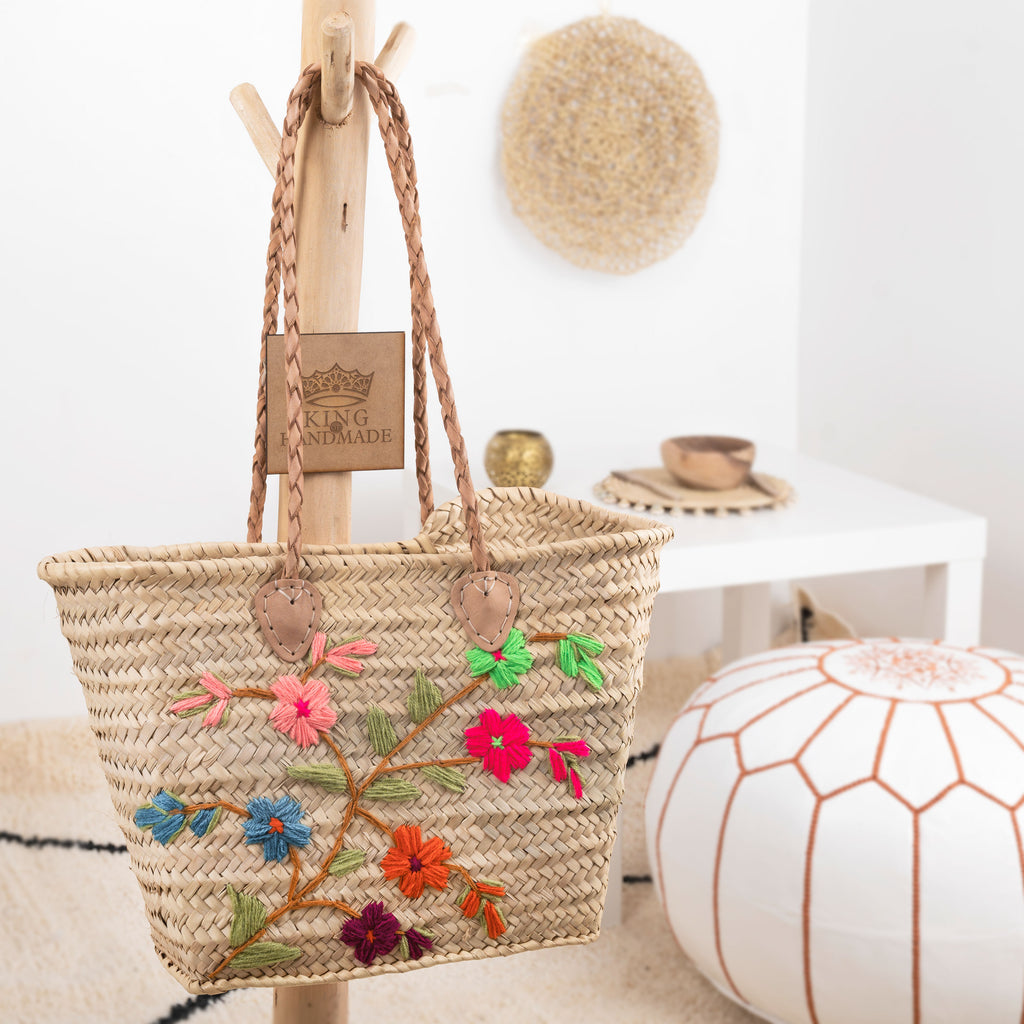 Moroccan straw baskets arranged as a rustic table centerpiece