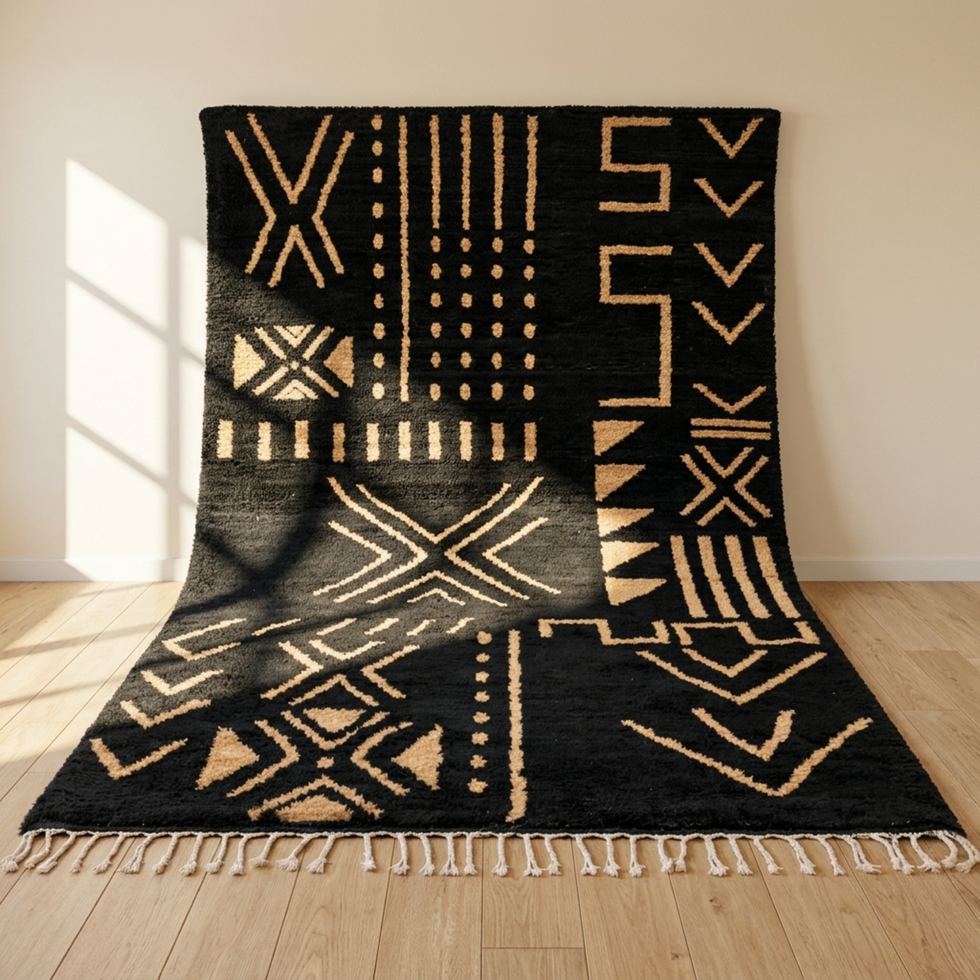 Moroccan Berber Rug – Black & Ivory High-Pile Tribal Wool Rug