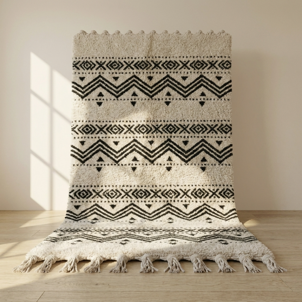 Moroccan Kilim Rug – Black & Ivory Flatweave Diamond Wool Area Rug