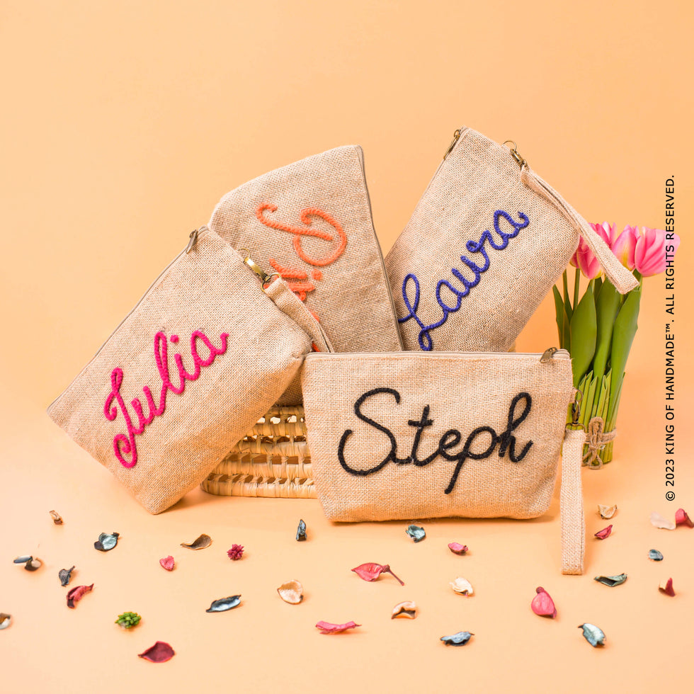 Personalized Jute Makeup Bag – Embroidered Moroccan Pouch