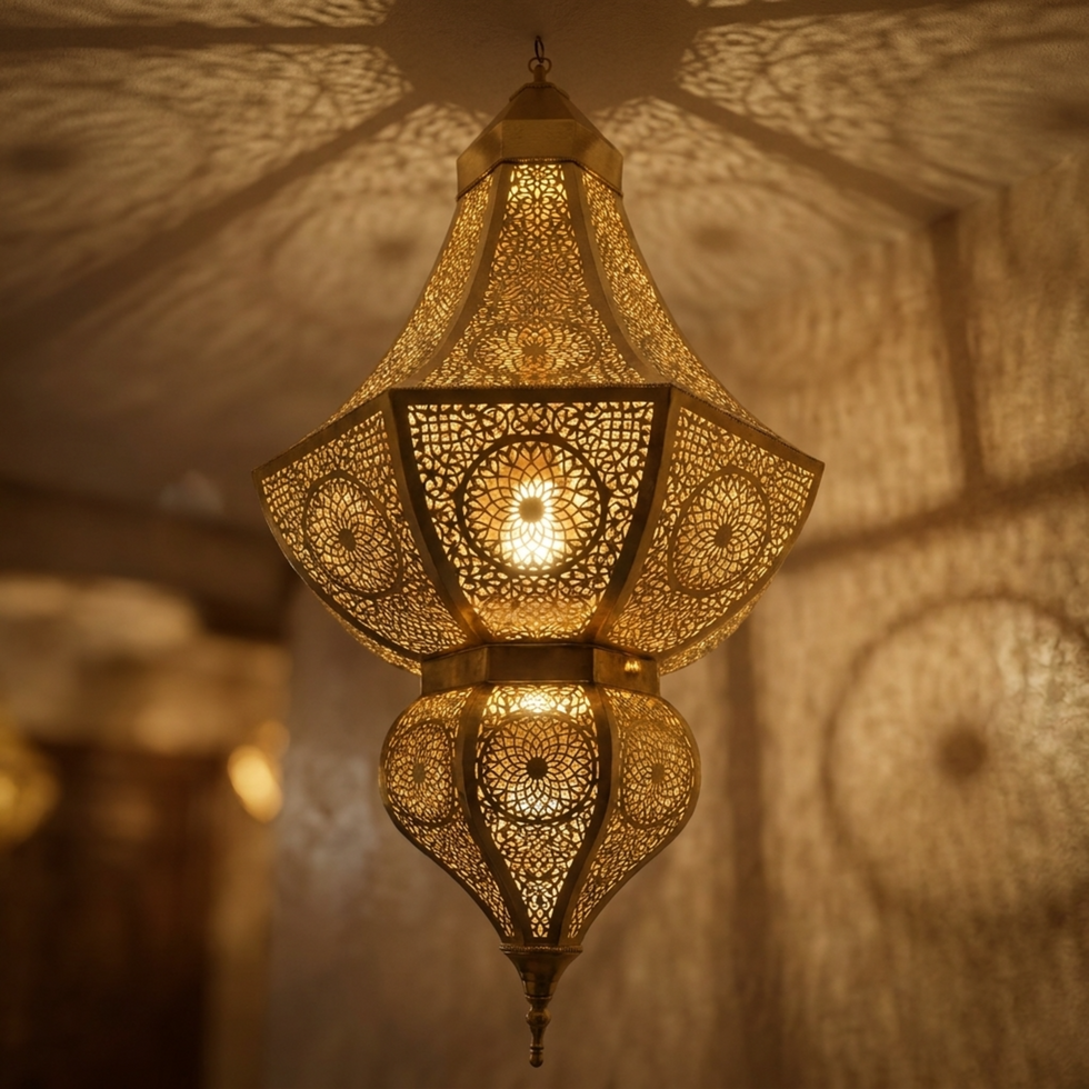 Moroccan Chandelier – Brass Filigree Openwork Shadow-Casting