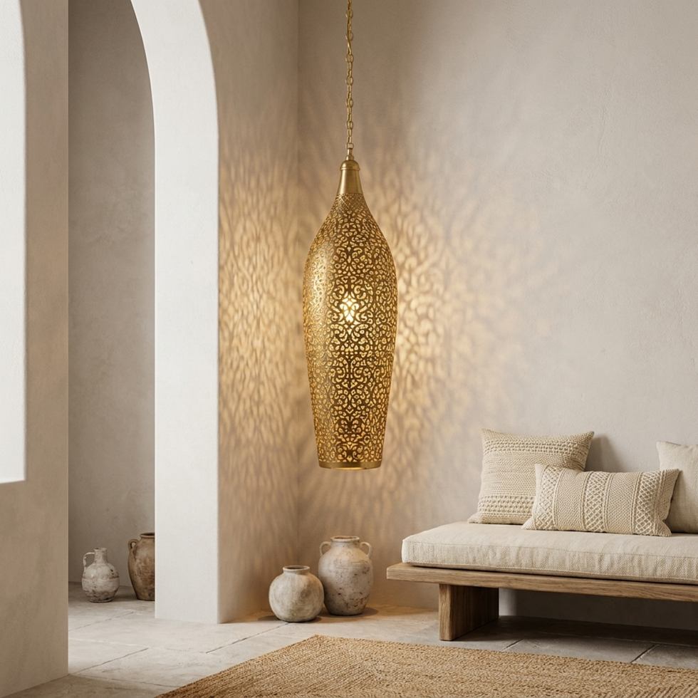 Decorative pendant light hanging in a room with a sofa and vases.