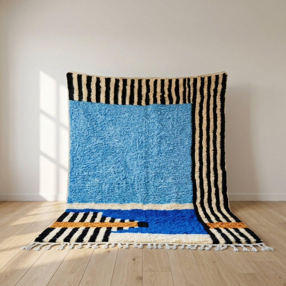 Azilal Rug – Blue Shaggy Striped Wool Rug