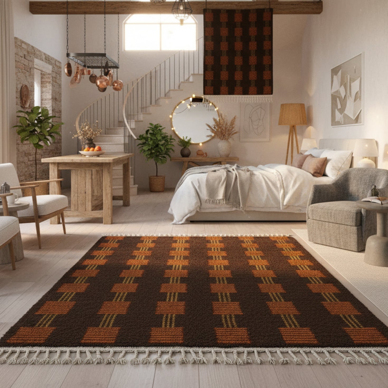 Brown Moroccan Wool Rug – Vertical Orange Geometric Square Pattern ...