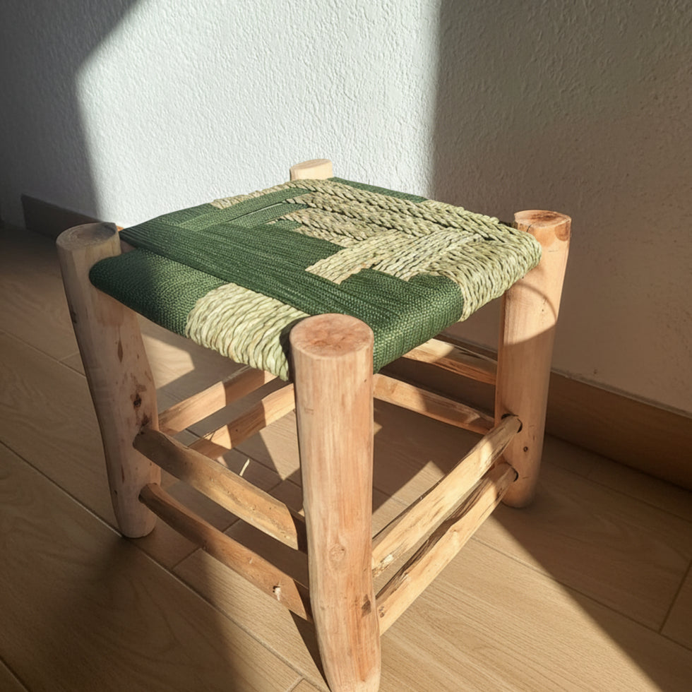 Moroccan Bar Stool – Green Handwoven Rope Seat