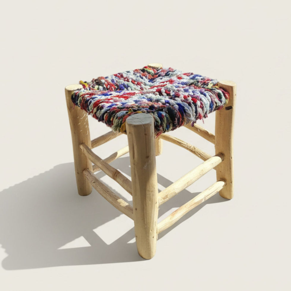 Moroccan Bar Stool – Multicolor Handwoven Cord Seat
