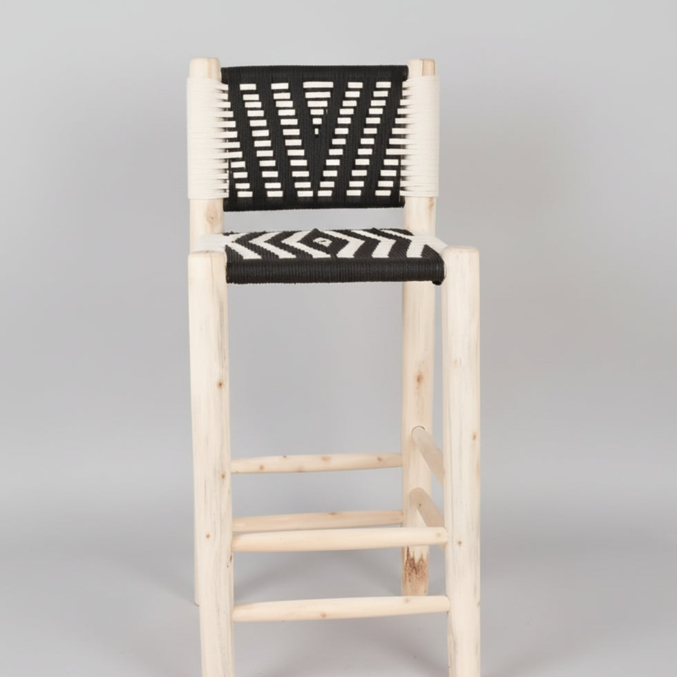 Moroccan Bar Stool – Black & White Handwoven Rope Seat