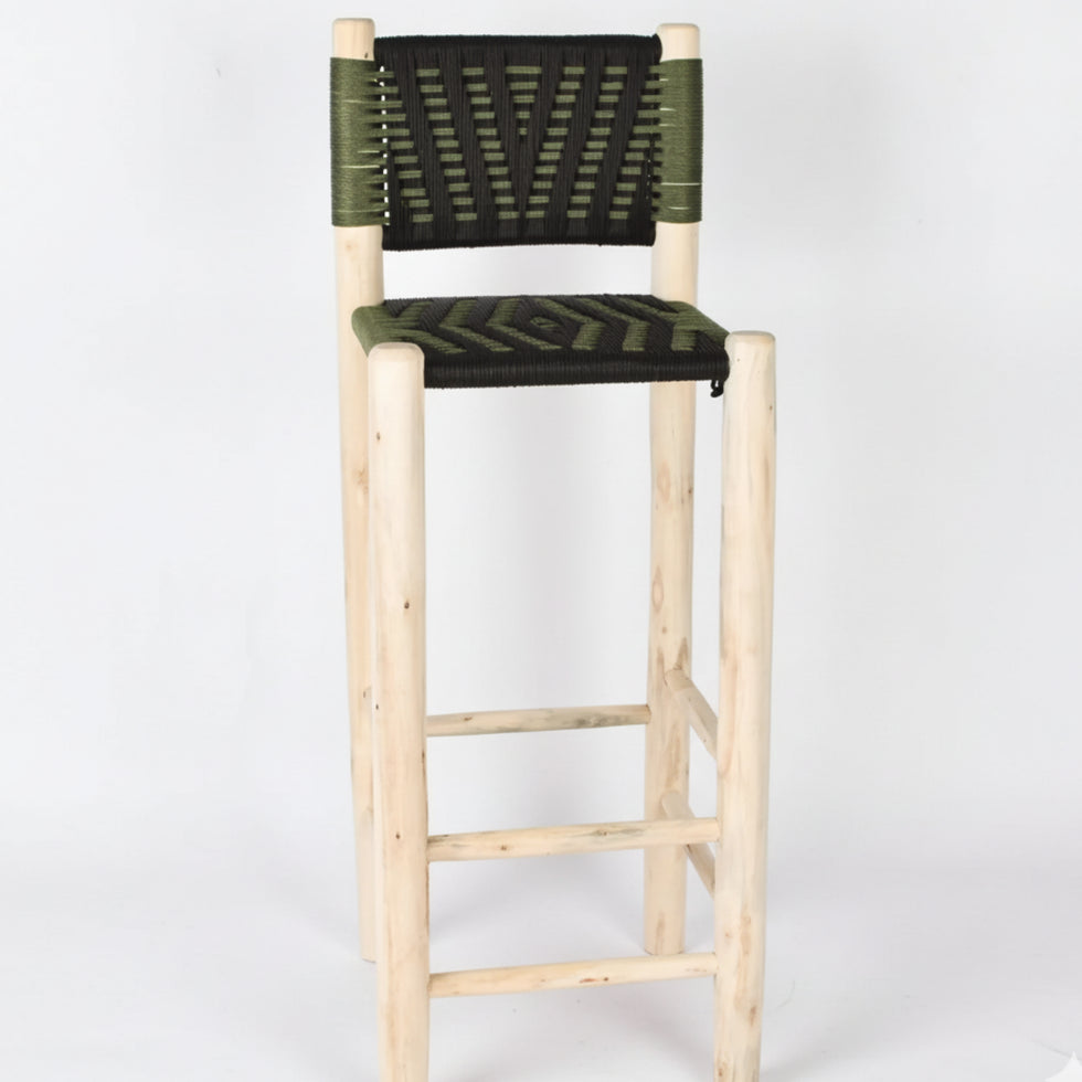 Moroccan Bar Stool – Handwoven Green Rope Wood Seat