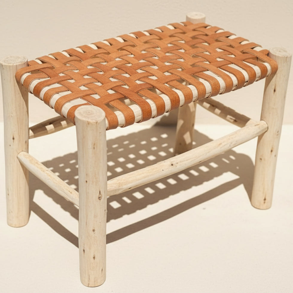 Moroccan Folding Stool – Handwoven Brown Leather Wood Seat