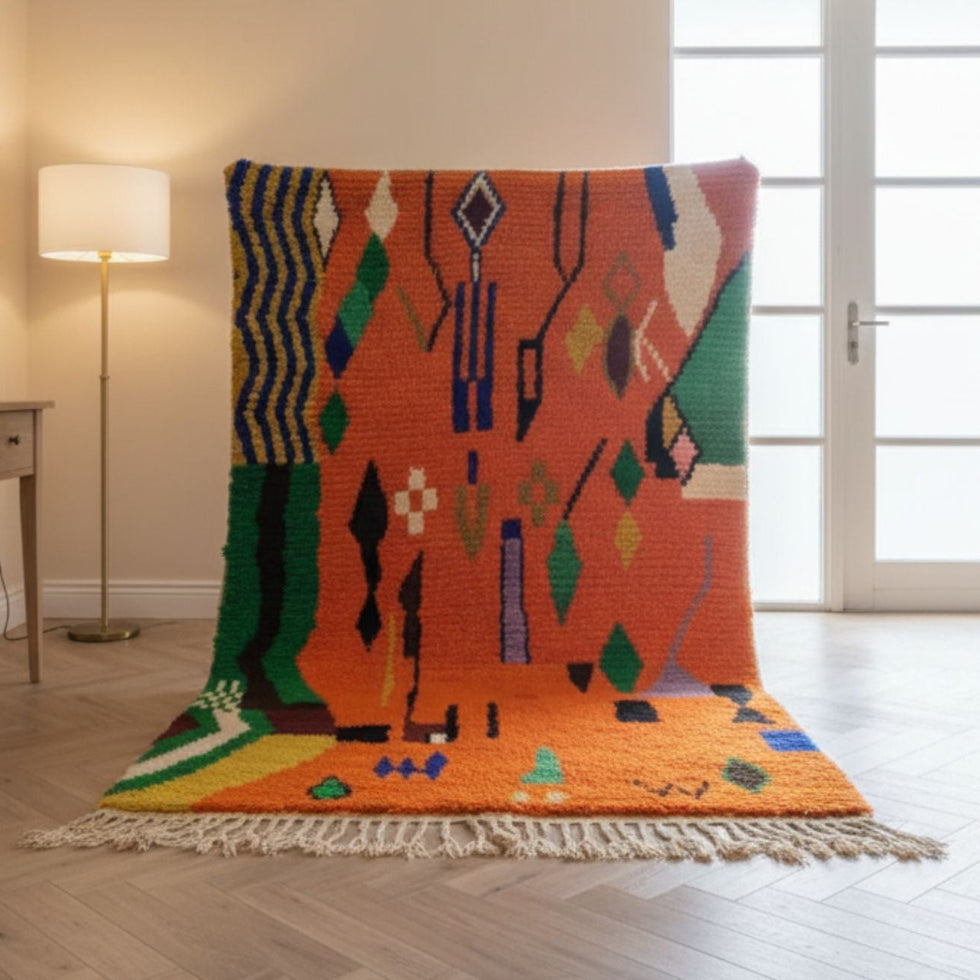 Azilal Rug – Orange Shaggy Striped Wool Rug