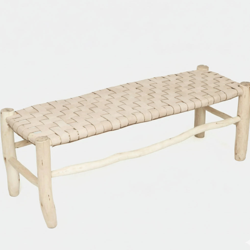 Handmade Natural Moroccan Folding Stool – Woven Leather Wood