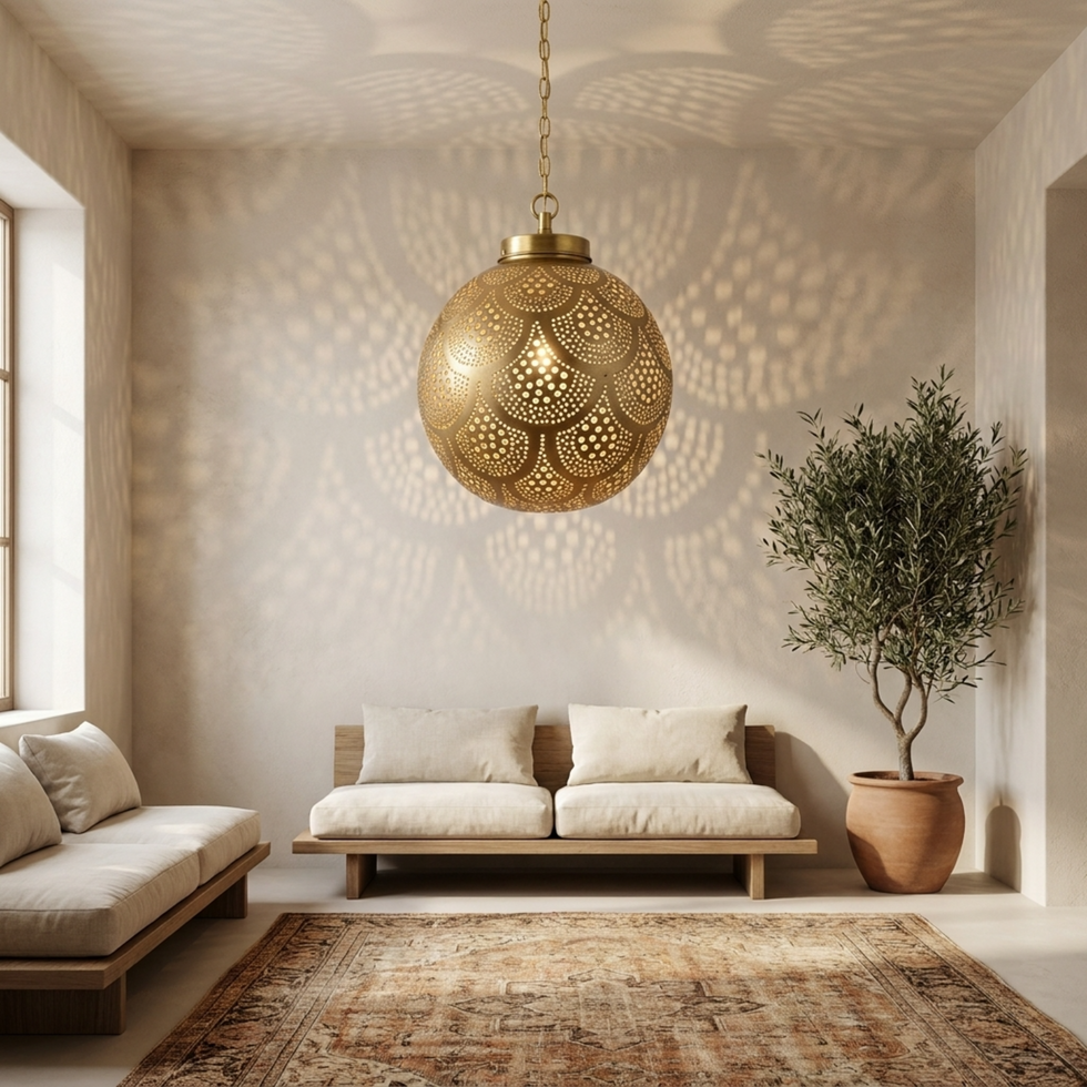 Filigree Moroccan Pendant Light – Brass Openwork Lamp Living Room