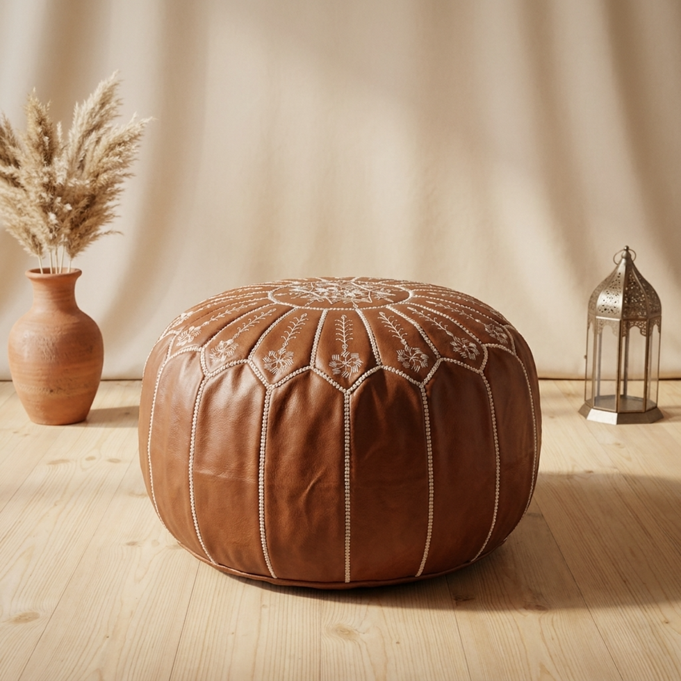 Moroccan Leather Pouf – Brown Round Ottoman Footstool